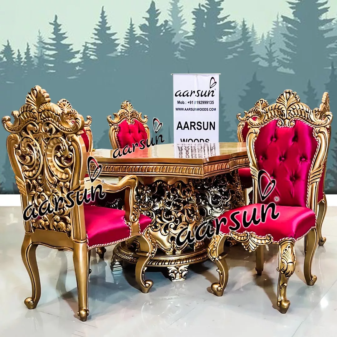 6 Seater tapology  Dining Set in Gold Paint & Pink Fabric 2025