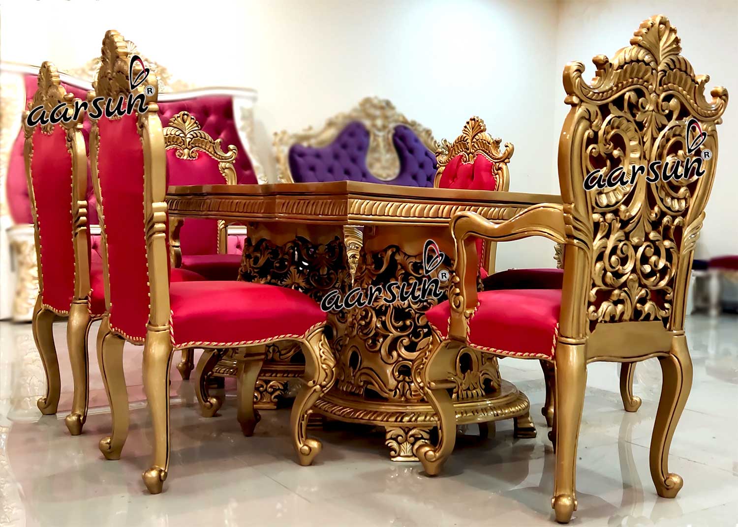 6 Seater tapology  Dining Set in Gold Paint & Pink Fabric 2025