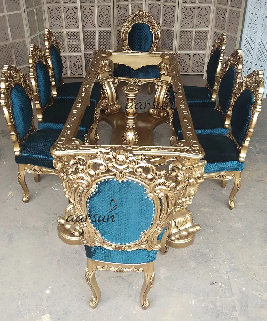 8 Seater 130point Teak Wood Dining Set with Royal Blue Fabric 2025