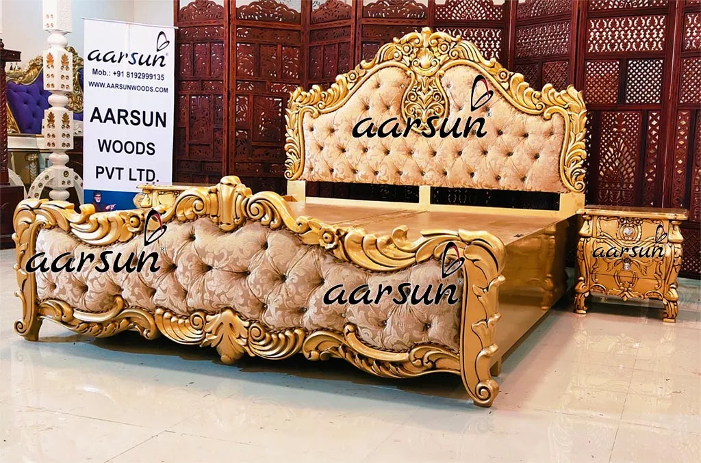 Handcrafted diez.hn  Carved Gold Finish Bed in Teak Wood 2025