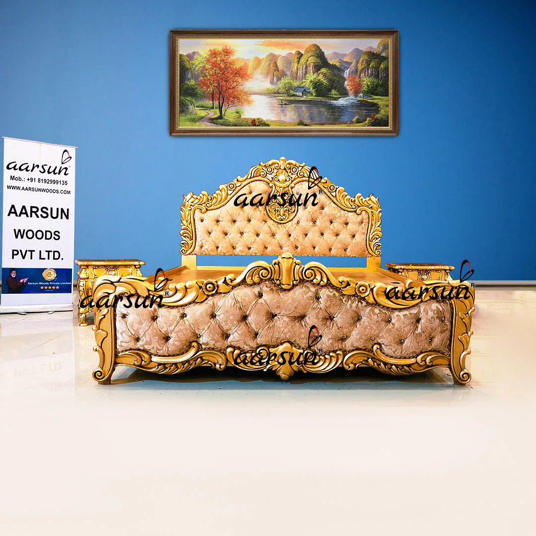 Handcrafted diez.hn  Carved Gold Finish Bed in Teak Wood 2025