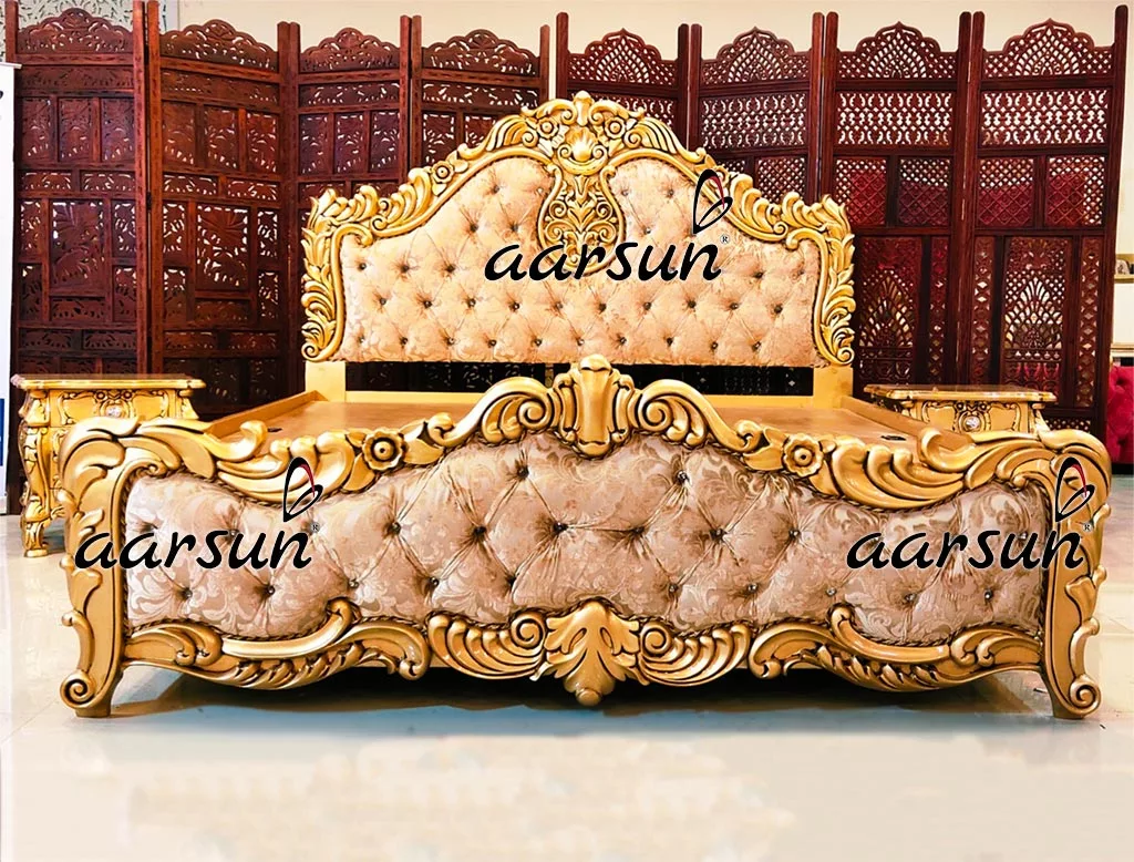 Handcrafted diez.hn  Carved Gold Finish Bed in Teak Wood 2025