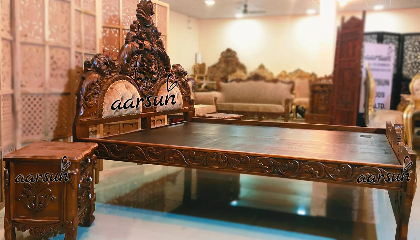 Handcrafted game websites Carved Teak Bed with Side Table 2025
