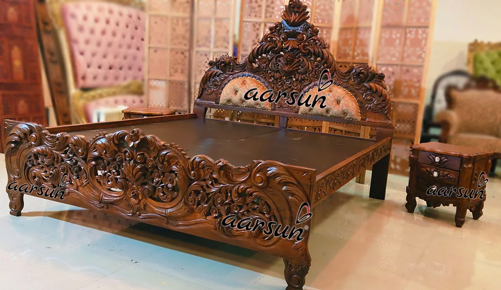 Handcrafted game websites Carved Teak Bed with Side Table 2025
