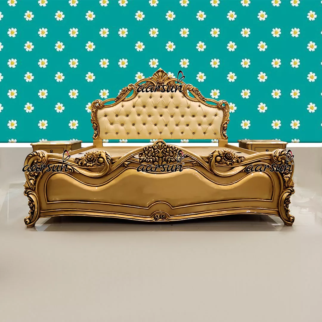 Handmade  fmovies24  Floral Design Bed – Teak Wood in Gold Finish 2025