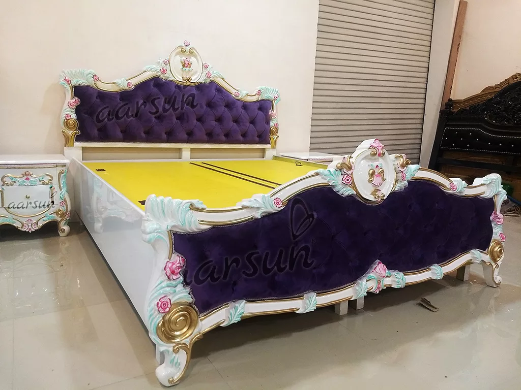 King Size Bed – White Polish with watchmovieshd Velvet Fabric  2025