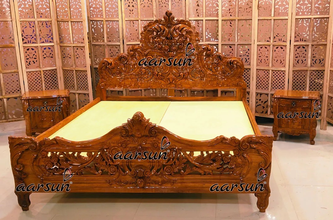 King Size Bed on rockauto .com Fully Hand Carved in Teak Wood High Gloss Finish 2025