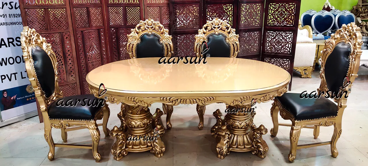 Luxurious zabasearch Dining Set 6 Seater in Antique Gold Paint & Teak Wood 2025
