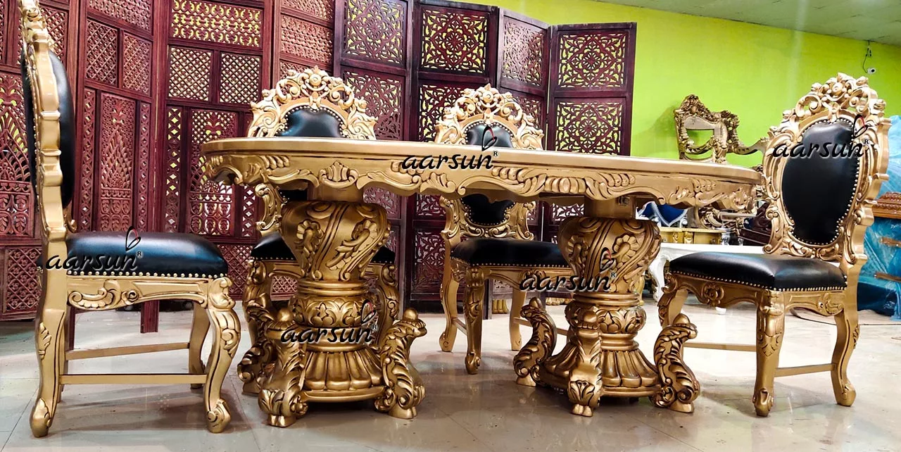 Luxurious zabasearch Dining Set 6 Seater in Antique Gold Paint & Teak Wood 2025