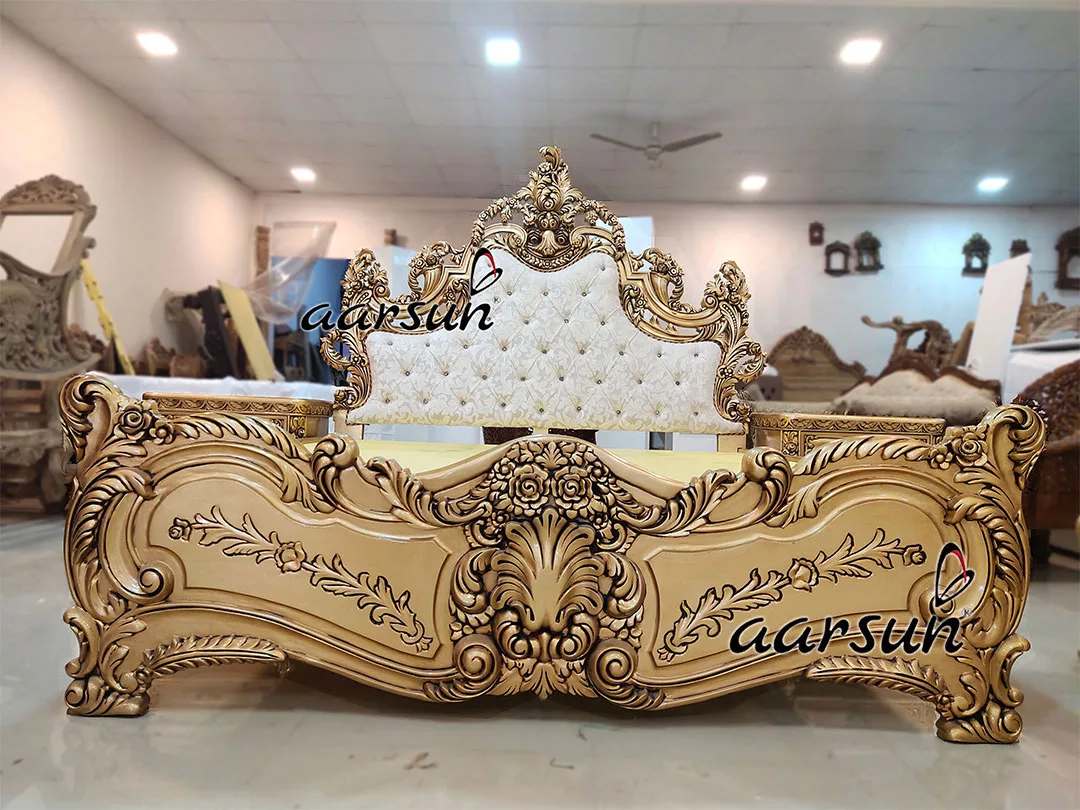 Solid sexiha  Wood Carved Golden Bed 2025