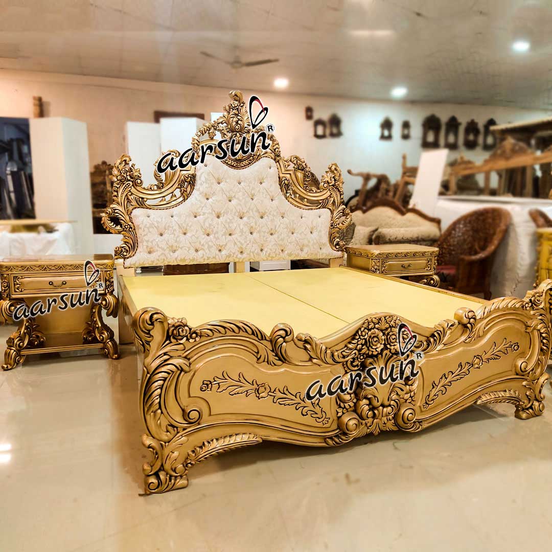 Solid sexiha  Wood Carved Golden Bed 2025
