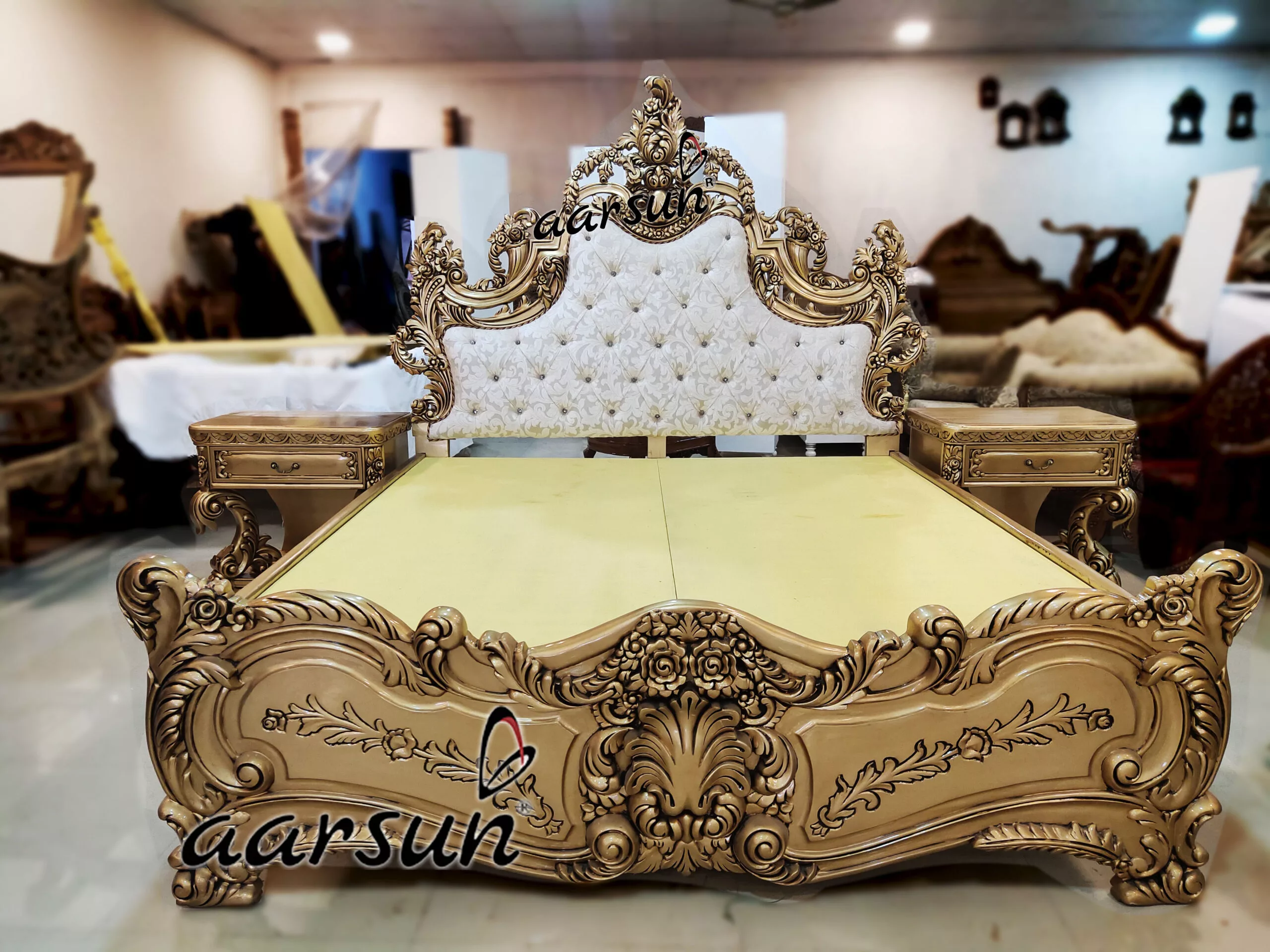 Solid sexiha  Wood Carved Golden Bed 2025