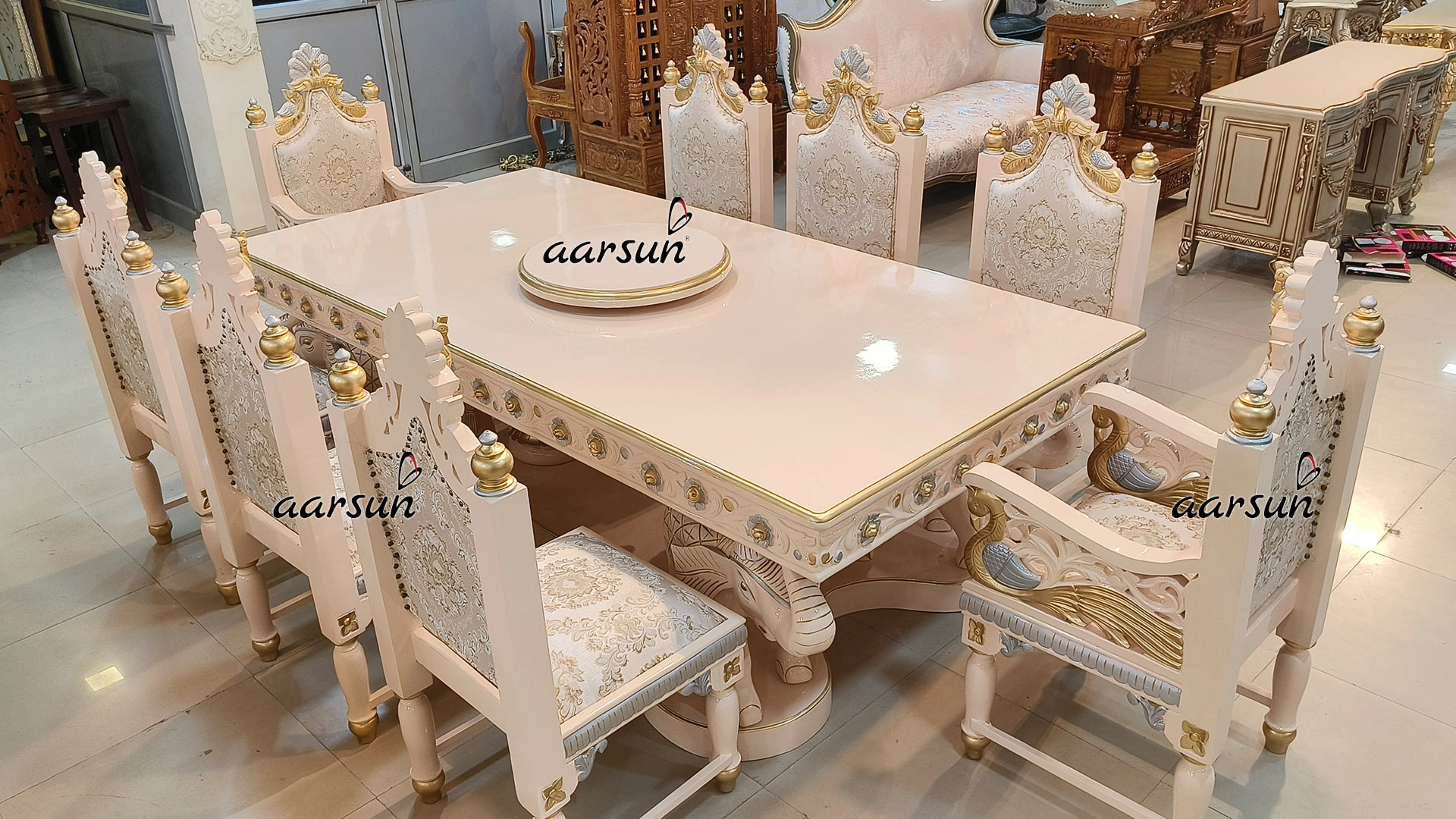 Dining  pondershort.com Table Set with Peacock and Swan Carving  2025