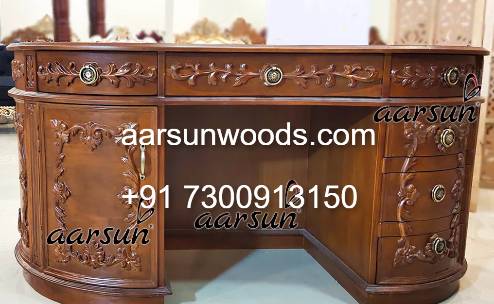 Oval Office Desk in Teak Traditional Hand-Carved Design 2025