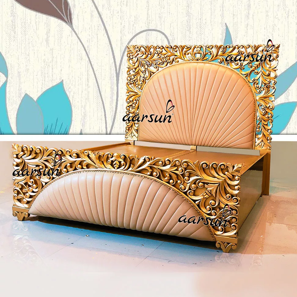 Victorian-Style Gold Finish Royal Bed with Soft Leatherette 2025