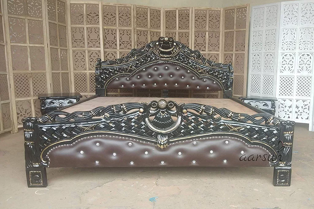 Elegant Luxury Teak Wood Bed with Matching Side Table