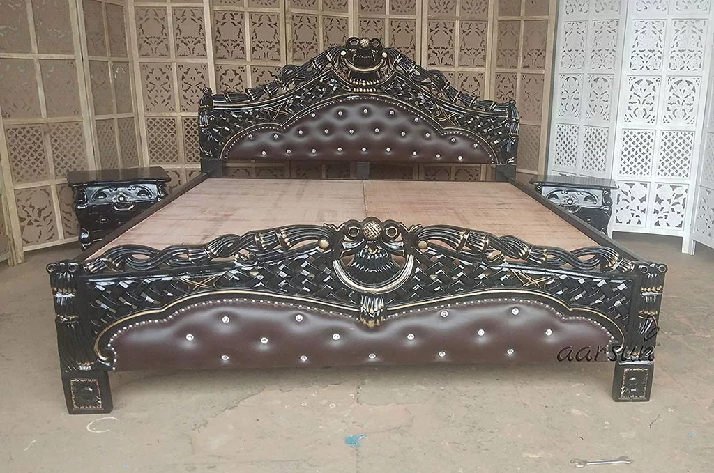 Elegant Luxury Teak Wood Bed with Matching Side Table