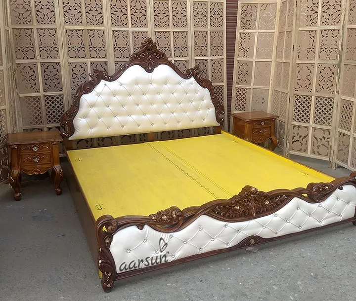 Vintage-Style Wooden Royal Bed with Side Table 2025