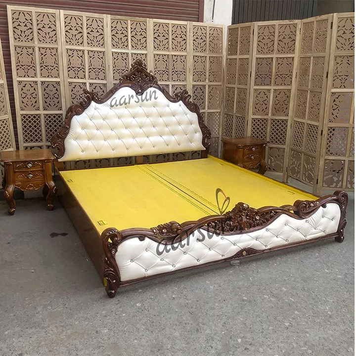 Vintage-Style Wooden Royal Bed with Side Table 2025