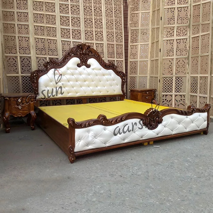 Classic Royal Wooden King Size Bed with Functional Side Table 2025