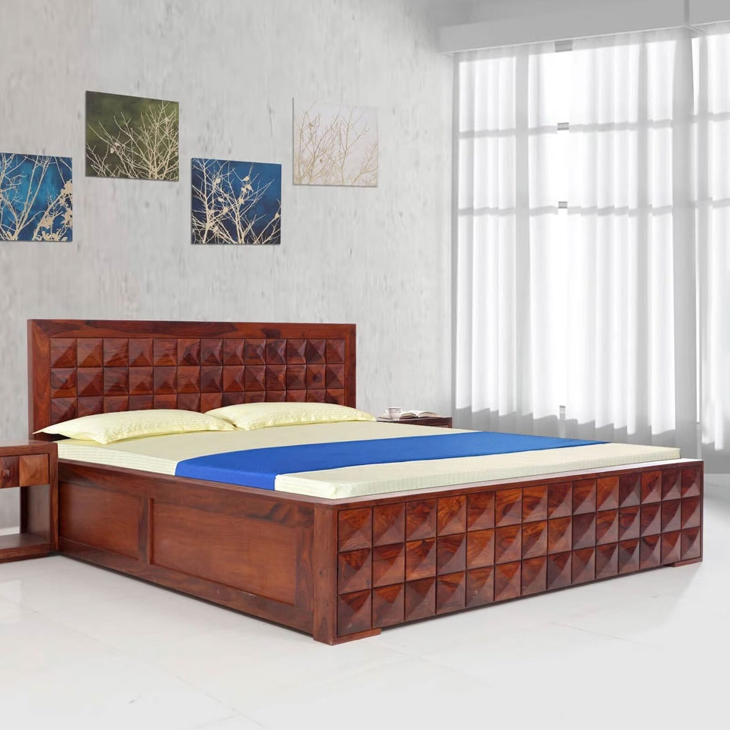 Buy Diamond Design Wooden Bed with Storage Sheesham in Honey Finish