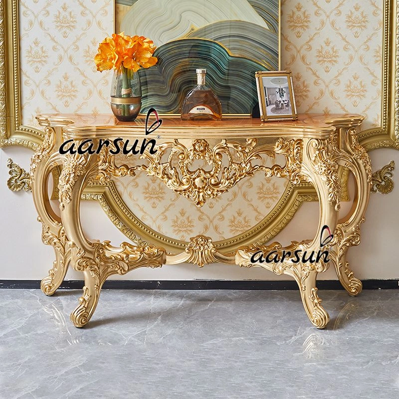 Marble Top Solid Teak Console Table Modern Style