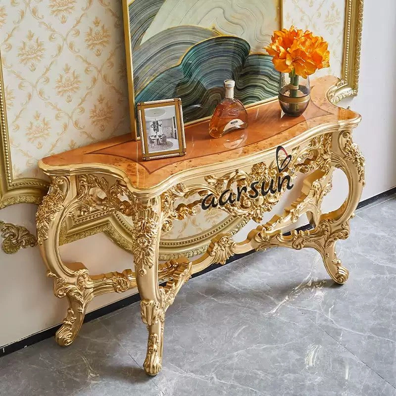 Marble Top Solid Teak Console Table Modern Style