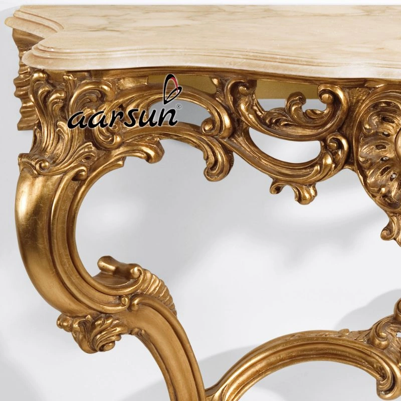 Handcarved Gold Finish Console Table with Marble Top