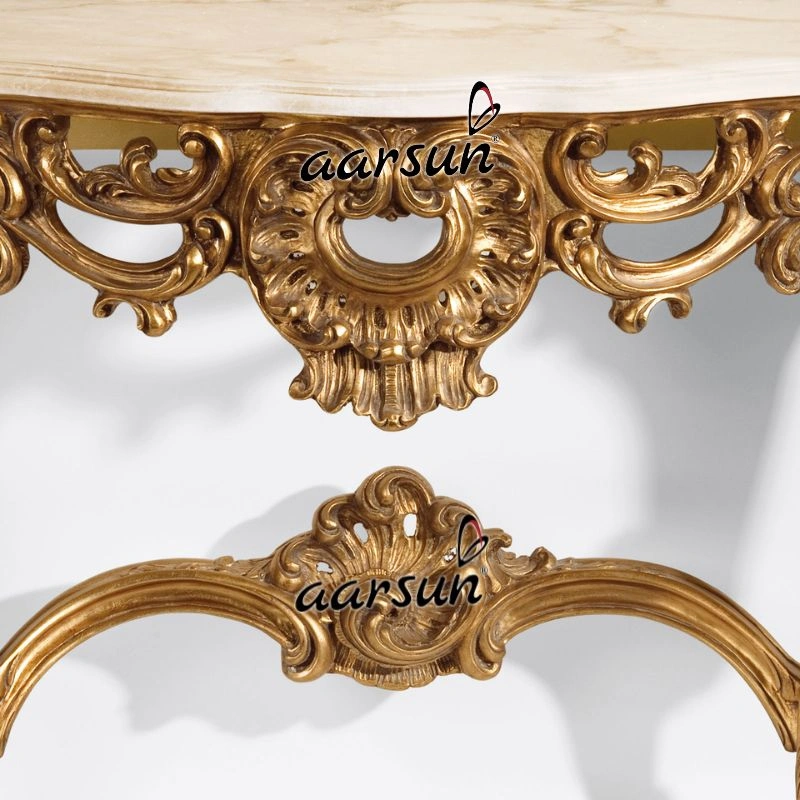 Handcarved Gold Finish Console Table with Marble Top