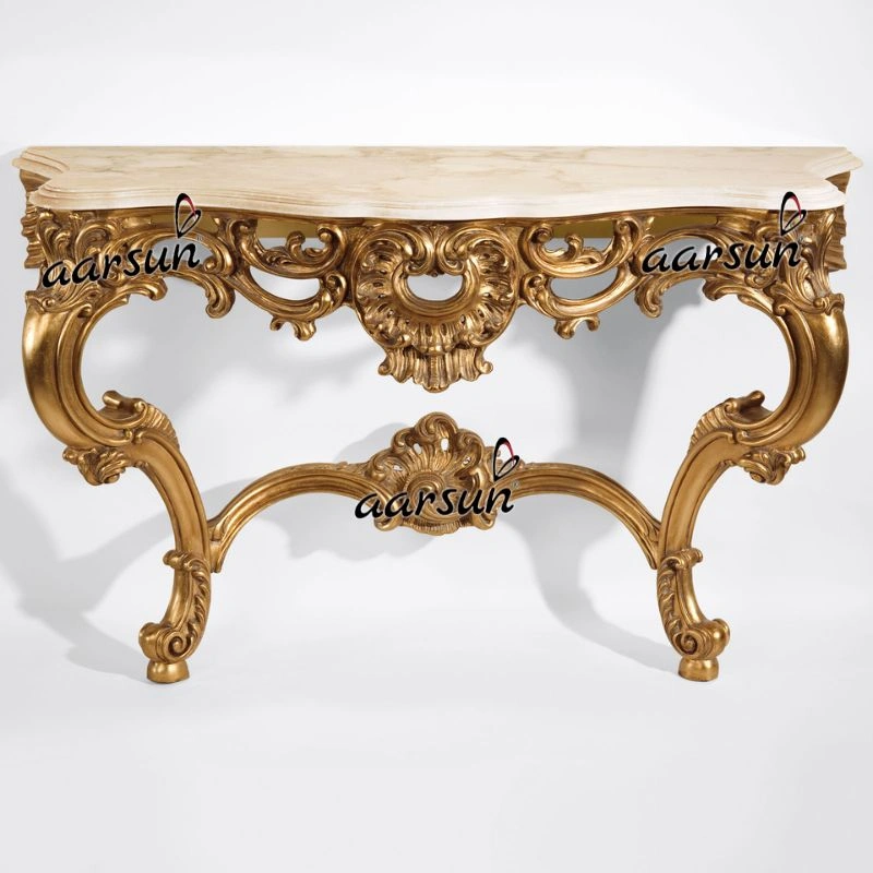 Handcarved Gold Finish Console Table with Marble Top