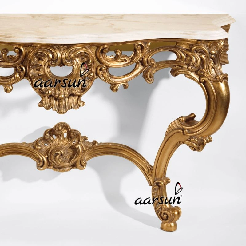 Handcarved Gold Finish Console Table with Marble Top