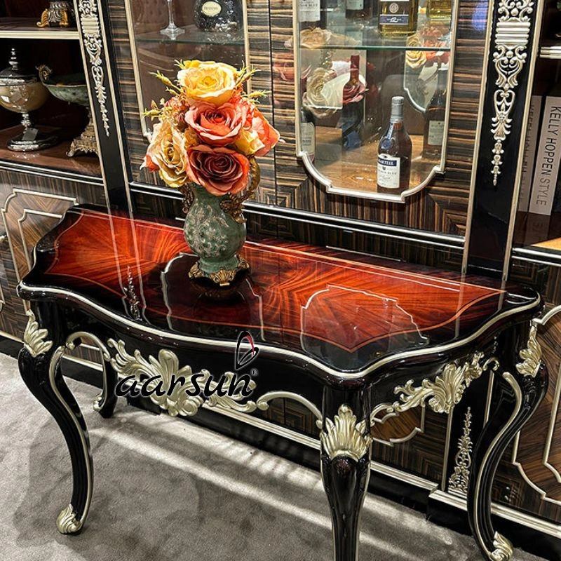 High Gloss Black Finish with Gold Carving Console Table