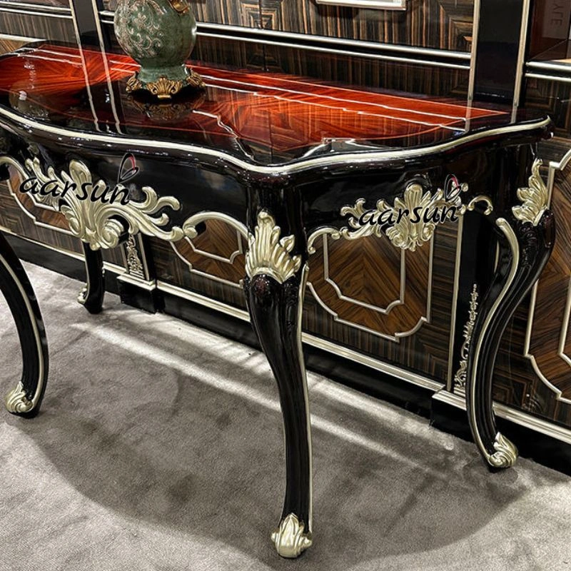 High Gloss Black Finish with Gold Carving Console Table
